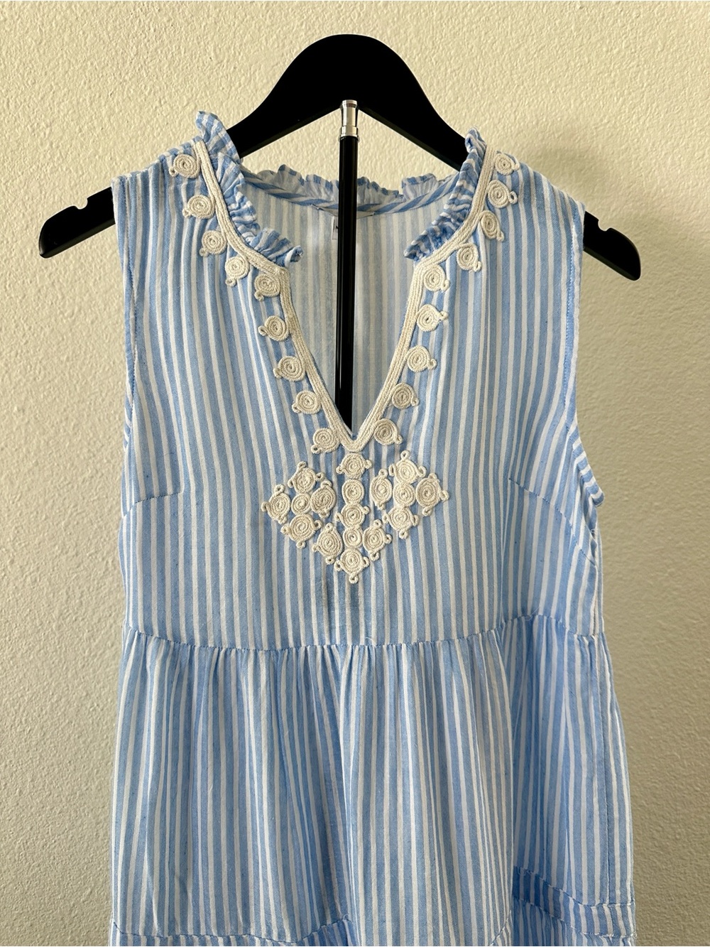 Johnny Was Calme Tiered V-Neck Midi Dress Blue Carana stripe sz XS COTTON - Picture 3 of 8